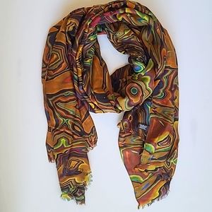 Abstract Swirl Lightweight Scarf in Brown with Multicolor Accents